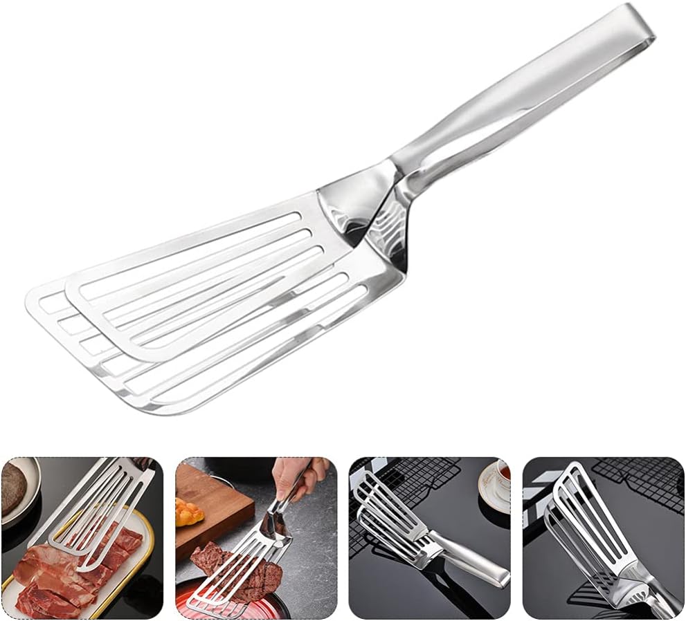 Stainless Steel Slotted Spatula Tongs - 2-in-1 Fry & Grill Turner