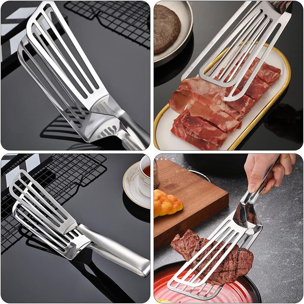 Stainless Steel Slotted Spatula Tongs - 2-in-1 Fry & Grill Turner